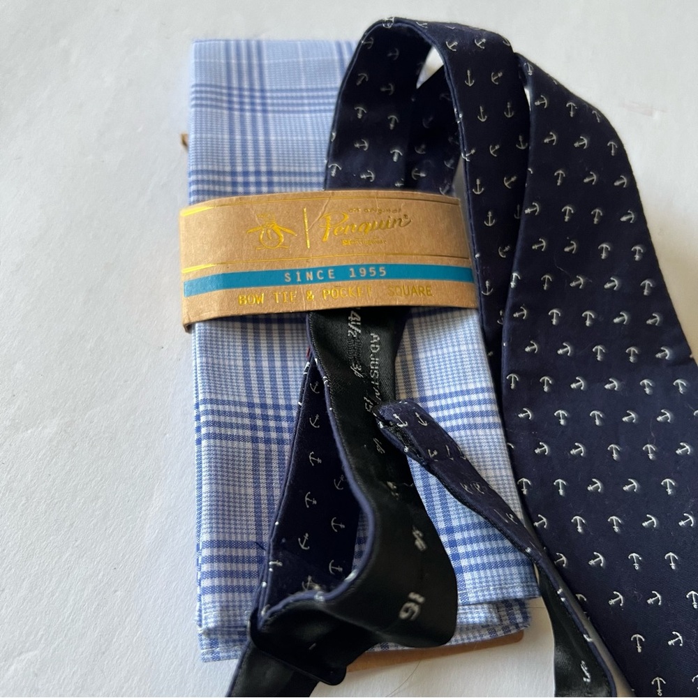 ORIGINAL PENGUIN COTTON BOW TIE AND POCKET SQUARE SET BLUE WHITE NAUTICAL NWT